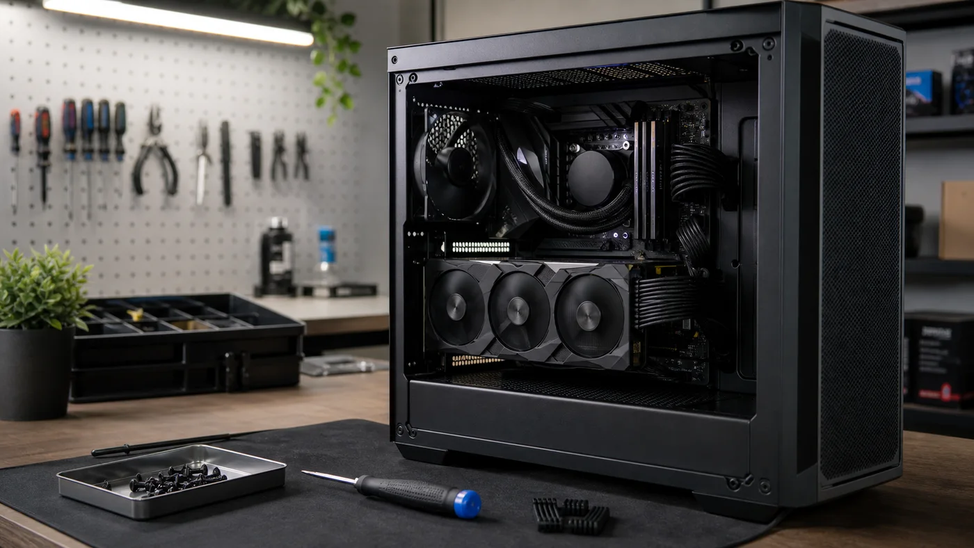 Custom PC build met zichtbare GeForce RTX kaart op een professionele werkbank