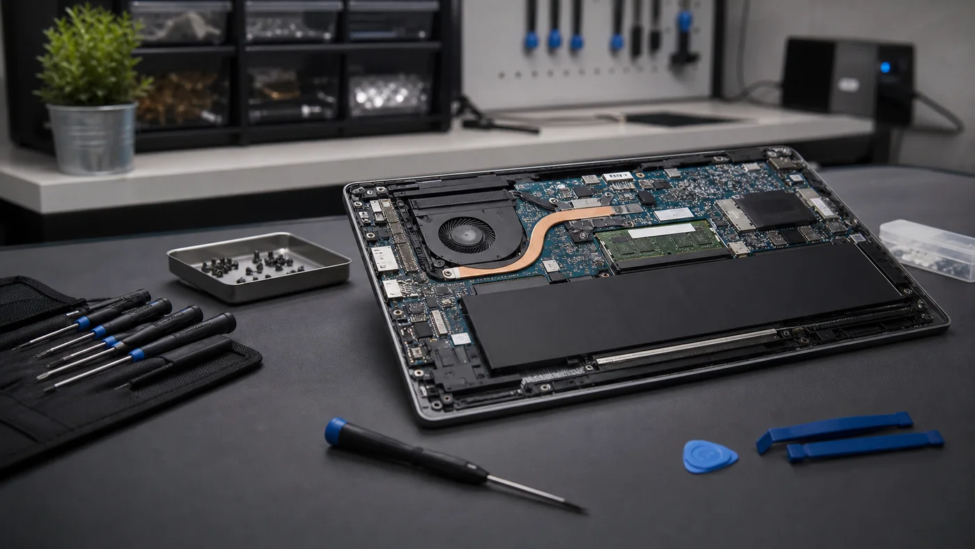 Laptopreparatie op anti-statische werkbank met custom PC op de achtergrond