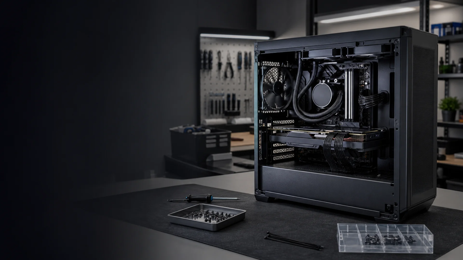 Custom PC build met premium grafische kaart op een professionele werkbank