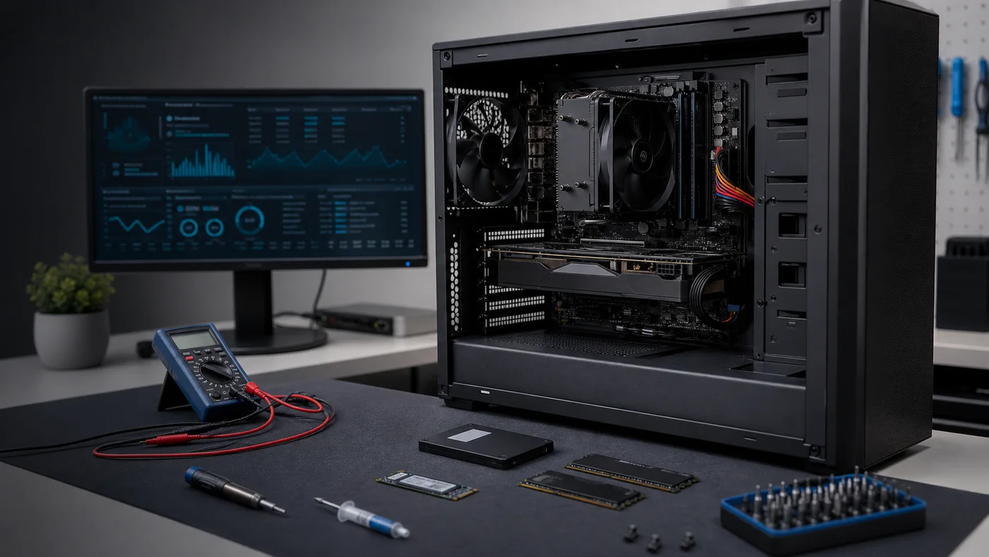 Open desktop PC op diagnosewerkbank met multimeter, SSD en RAM-modules
