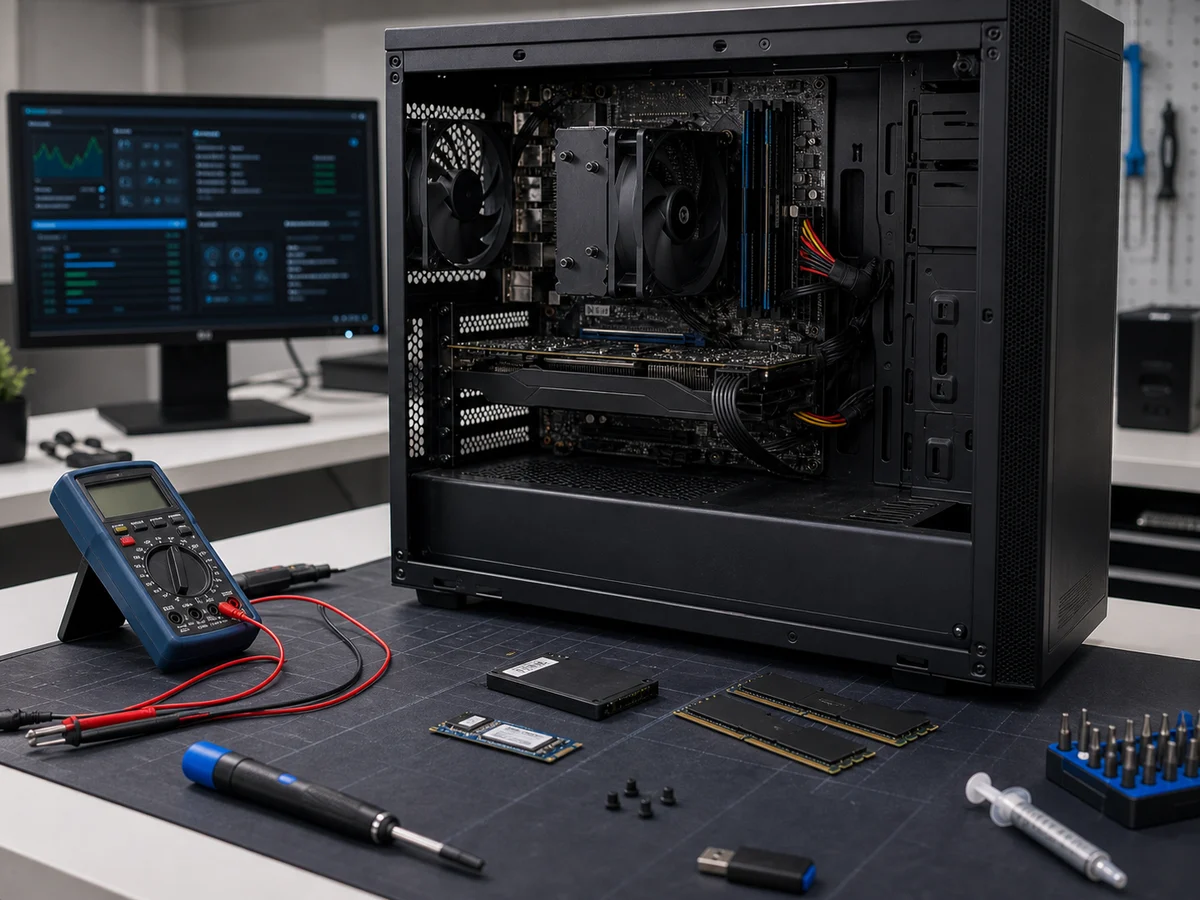 Desktop PC op diagnosewerkbank met onderdelen